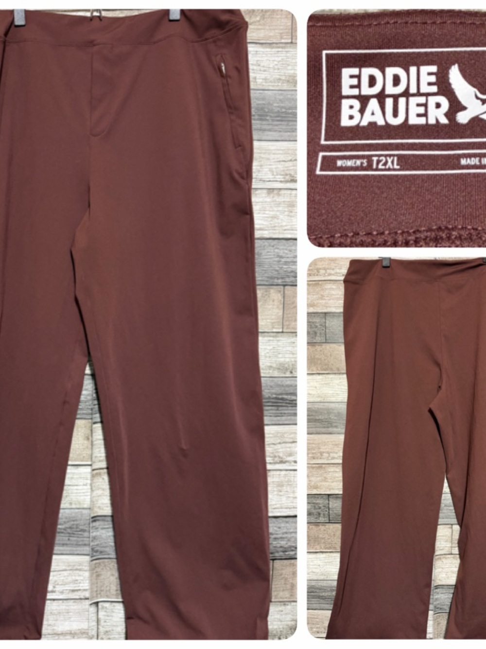 Eddie Bauer Stretch Wide Leg Pants Size T2XL Brown Zip Pockets Pull On Inseam 33
